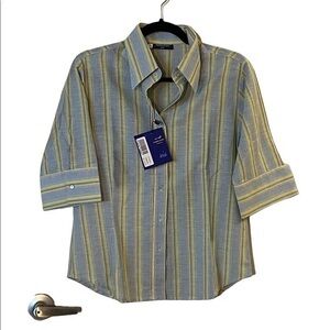 NWT Daddy & Son Camiceria blue & green striped linen elbow sleeve blouse